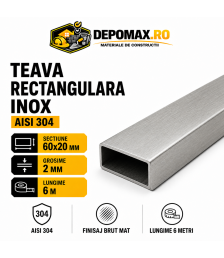 Teava rectangulara inox AISI 304, 60 x 20 x 2 mm, 6 metri